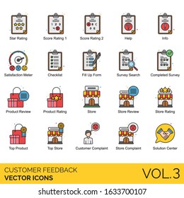 Customer Feedback Icons Including Star Rating, Score, Help, Info, Satisfaction Meter, Checklist, Fill Up Form, Search, Completed Survey, Review, Store, Top Product, Complaint, Solution Center.