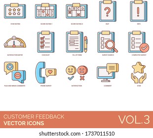 Customer Feedback Icons Including Star Rating, Score, Help, Info, Satisfaction Meter, Checklist, Fill Up Form, Search, Completed Survey, Plus Minus Comment, Phone.