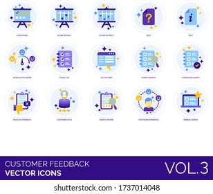 Customer Feedback Icons Including Star Rating, Score, Help, Info, Satisfaction Meter, Checklist, Fill Up Form, Search, Completed Survey, Negative, Data, Review, Experience, Website.