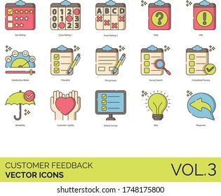 Customer Feedback Icons Including Star Rating, Score, Help, Info, Satisfaction Meter, Checklist, Fill Up Form, Search, Completed Survey, Reliability, Loyalty, Online, Idea, Response.