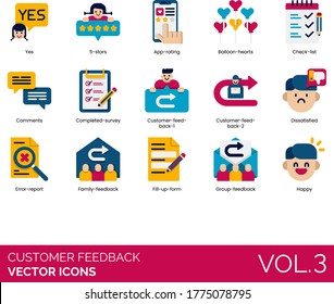 Customer feedback icons including yes, 5 stars, app rating, balloon hearts, checklist, comment, completed survey, dissatisfied, error report, family, fill-up form, group, happy.