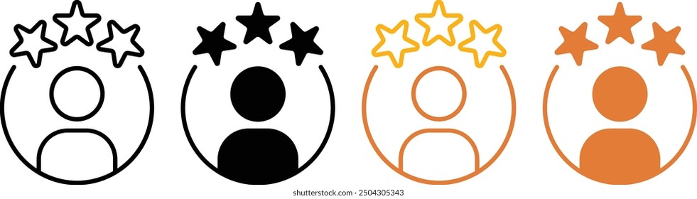 Customer feedback icons with three star satisfaction rating. Set of customer experience flat vector icons of different styles and colors