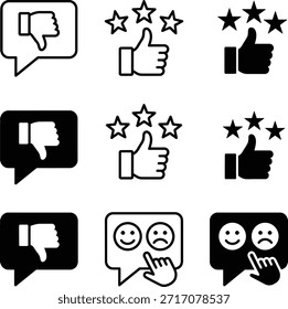 Iconos Clientes del Comentarios con los pulgares para arriba, pulgares para abajo y estrellas