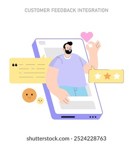 Customer Feedback Integration concept. A digital representation of client satisfaction with reviews and ratings. Engaging user experience on a mobile interface. Vector illustration.