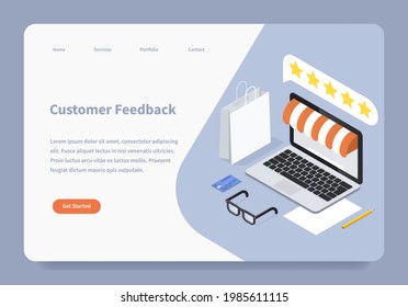 Plantilla isométrica del vector de ilustración plana de la página de inicio de comentarios del cliente. Diseño horizontal de la interfaz de banner de la calificación de satisfacción del cliente de compras en línea con portátil. 3d diseño de página web.