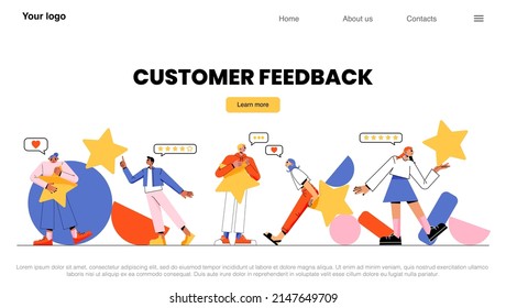 Customer feedback landing page. People holding stars, rating, consumer review, evaluation, satisfaction level and critic. Tiny clients with huge gold stars in hands, Linear flat Vector web banner