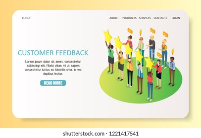 Customer feedback landing page website template. Vector isometric illustration. Customer review concept.