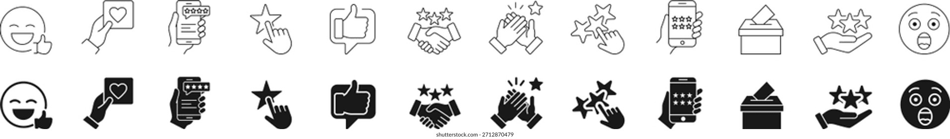 Conjunto de íconos de línea de Comentarios Cliente con estrella de calificación de satisfacción, Encuesta de experiencia del usuario, revisión de servicio de calidad y símbolos de Vector de testimonios positivos