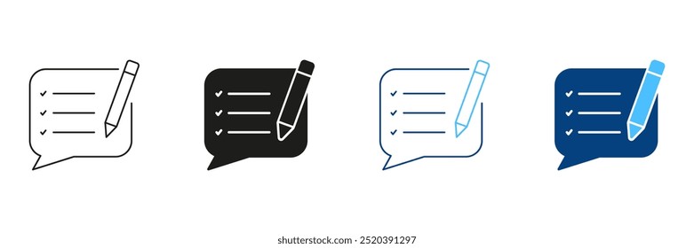 Línea de Comentarios Cliente y conjunto de iconos de silueta. Chat de Asistencia, signo de informe de texto. Escribir contenido. Burbuja De Discurso Con Pictograma De Lápiz. Trazo Editable. Ilustración vectorial aislada.