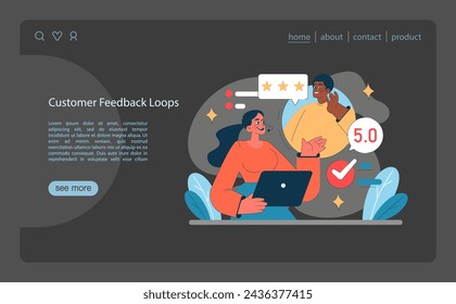 Customer Feedback Loops concept. Interactive evaluation process enhancing service quality. Dynamic rating system analysis. Flat vector illustration.