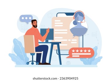 Customer feedback. Man talking to a call center operator. Technical support or customer service. Hotline consultant helps a customer providing them with valuable information. Flat vector illustration