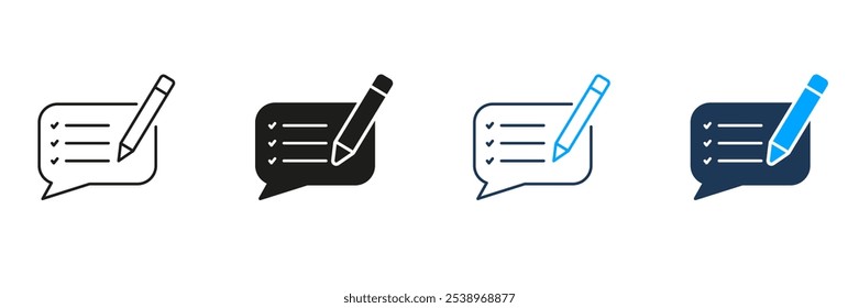 Meldungszeile für Kundenfeedback und Silhouette-Symbolsatz. Sprechblase mit Bleistift-Piktogramm. Kommentarsymbol. Chat-Zeichen unterstützen. Bearbeitbarer Strich. Isolierte Vektorgrafik.
