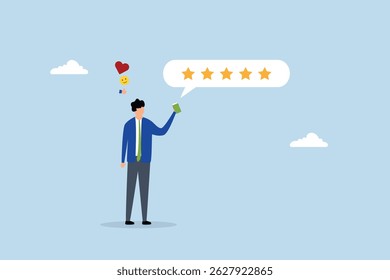 Customer feedback from mobile application, content individual with phone providing 5 star review. 