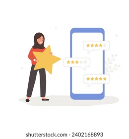 Comentarios de los clientes. Pantalla de teléfono móvil con comentarios de clientes. Mujer islámica con gran estrella cerca de un gran smartphone y leyendo testimonios o dejando comentarios. Ilustración de dibujos animados planos vectores.