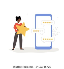 Customer feedback. Mobile phone screen with clients reviews. African woman with huge star standing near big smartphone and reading testimonials or leaving comment. Vector flat cartoon illustration.