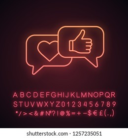 Customer feedback neon light icon. Social media likes and comments. Positive reviews. Rating, ranking. Glowing sign with alphabet, numbers and symbols. Vector isolated illustration