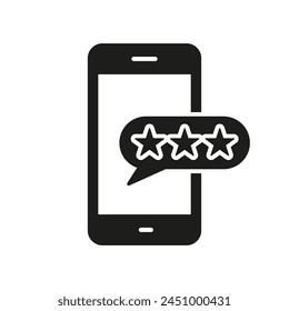 Kunde Rückmeldung auf Handy Silhouette Symbol. Social Media App Rating Glyph Piktogramm. Smartphone mit Sternen und Sprechblase Solid Sign. Beste Wahl Symbol. Isolierte Vektorillustration.