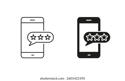 Customer Feedback On Mobile Phone Pictogram. Social Media App Rating Line and Silhouette Icon Set. Good Choice. Editable Stroke. Isolated Vector Illustration.