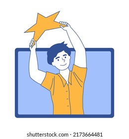 Comentarios de los clientes en pantalla. El hombre en el monitor tiene la estrella en las manos. El concepto de alto rango de reacción positiva del cliente. Mejor valoración de los negocios, satisfacción. Ilustración del vector de evaluación