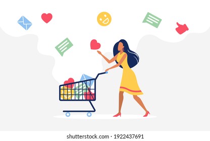 Customer feedback on shop products and store concept vector illustration. Cartoon tiny buyer woman character walking, collecting like emoji email social media communication symbols to shopping cart
