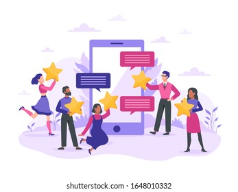 Customer feedback on smartphone. Service review and evaluation mobile app five stars positive rating product, hotline message ui vector success experience concept