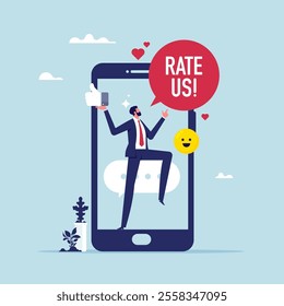 Customer feedback and online rating, rate us illustration, businessman asks customers to leave a review. Evaluating app, product, service. Feedback consumer, a customer review
