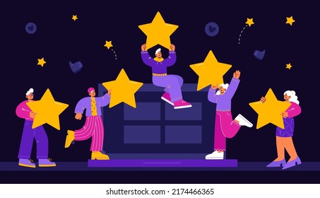 Customer feedback, online review concept. Vector flat illustration of service rating with people holding five gold stars, like symbols and laptop on black background
