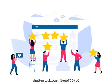 Customer feedback. Online review. Rating flat vector concept. Tiny people cling stars to the huge web page.