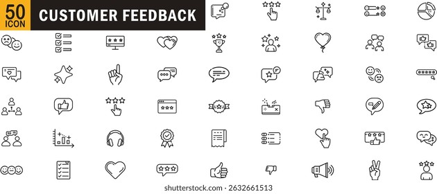 Conjunto de iconos de contorno de Comentarios de Cliente. Revisión, calificación, comentario, opinión, Encuesta, pulgares hacia arriba y hacia abajo.