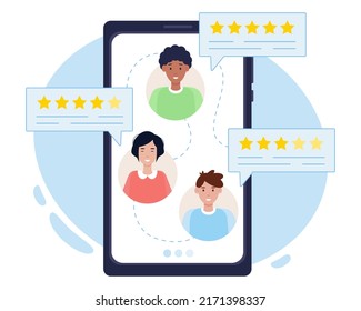 Customer feedback page on a smartphone screen. Site evaluation and customer feedback. For web banner design. Vector illustration
