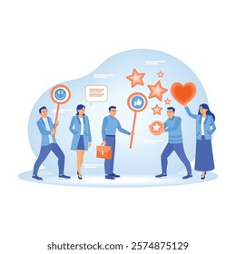 Customer feedback. People exchange feedback with thumbs up, stars, and hearts. Online Survey concept. Flat vector illustration.