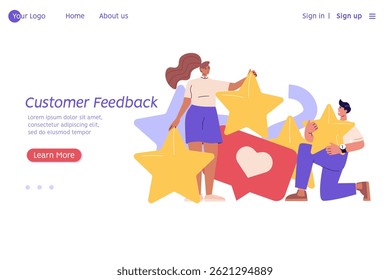 Customer Feedback. People with Five Stars Giving Feedback and Opinion. Clients Choosing Satisfaction Rating. Concept of Client Feedback, Online Survey, Customer Review. Vector illustration Web Design