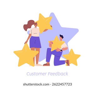 Customer Feedback. People with Five Stars Giving Feedback and Opinion. Clients Choosing Satisfaction Rating. Concept of Client Feedback, Online Survey, Customer Review. Vector illustration Web Design