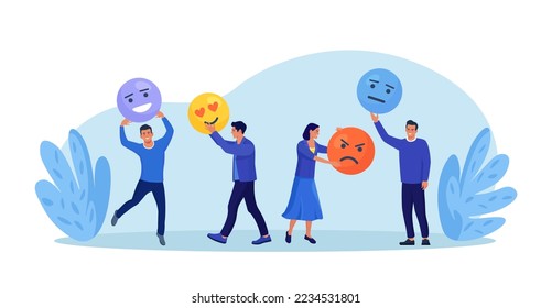 Customer feedback. People holding emoji, emoticon icon with happy, neutral, angry faces. Client choice. User experience or satisfaction. Opinion for product and services. Review rating or evaluation