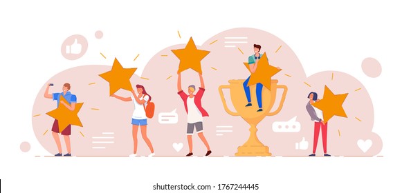 Customer feedback. Positive customer feedback or review evaluation. Man, woman people giving five star rank rating, good satisfaction level. Social media, app usability testimonial vector illustration