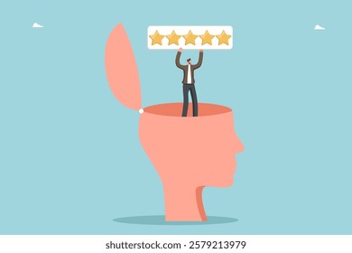 Customer feedback, positive service feedback, evaluation rank, user satisfaction, work for the result to increase positive reviews about the quality, man holding big sign with rating in human head.