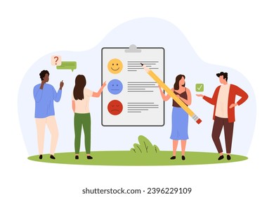 Customer feedback, product quality survey vector illustration. Cartoon tiny people with pencil rate user experience and satisfaction in online questionnaire with happy, sad faces of emoticons