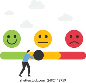 Customer feedback provides ratings based on experience or quality of products and services, surveys and reviews to evaluate results, men try to push the customer feedback bar into a very good smile.