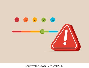 Cliente Comentarios, calidad del producto con signo de atención de exclamación. Señales de atención de exclamación símbolo de malentendido, problemas de negociación. Engaño. Ilustración vectorial plana. 