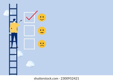 Customer feedback, Quick survey design concept. Businessman character standing on ladder and fill white tick checkbox on face emotions in happiness symbol for best service ranking.vector illustration.
