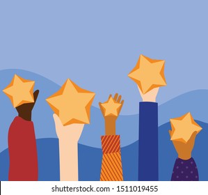 Customer feedback rating. Feedback assessment, level of satisfaction and criticism concept. Five stars rating flat style concept. Yellow stars in the hands of people on a blue background. Flat illustr