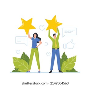 Customer Feedback, Rating, Evaluation Concept. Tiny People Hold Huge Gold Stars, Rating, Consumer Review, Satisfaction Level and Critic. Clients with Golden Stars in Hands. Cartoon Vector Illustration