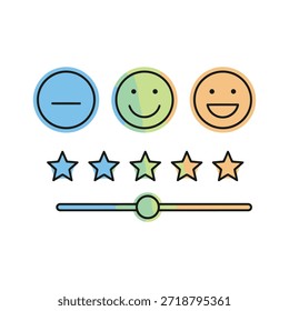 Ícone de classificação de comentários do cliente com rostos sorridentes, sistema de análise de estrelas e controle deslizante de satisfação para experiência do usuário, avaliação do serviço e plataformas de análise online