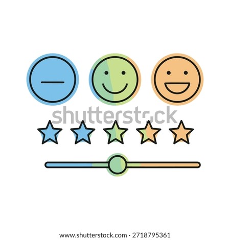 Customer feedback rating icon with smiley faces, star review system, and satisfaction slider for user experience, service evaluation, and online review platforms