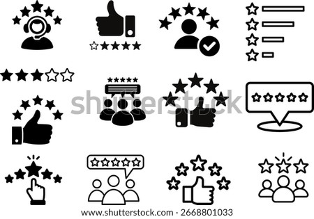 Customer Feedback Rating Icons Set | Review, Star, Satisfaction, and Customer Service Black and White Vector Graphics for Online Business, UI Design, and Marketing