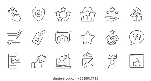 Customer Feedback And Rating Line Icon Set. E-Commerce And Service Evaluation. User Reviews, Satisfaction, Quality Assurance Outline Symbol Collection. Editable Stroke. Isolated Vector Illustration.