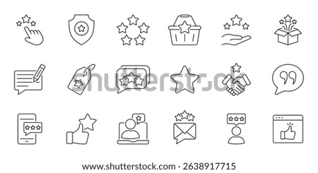 Customer Feedback And Rating Line Icon Set. E-Commerce And Service Evaluation. User Reviews, Satisfaction, Quality Assurance Outline Symbol Collection. Editable Stroke. Isolated Vector Illustration.