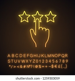 Customer feedback and rating neon light icon. Ranking. Client review. Rating scale click. Glowing sign with alphabet, numbers and symbols. Vector isolated illustration