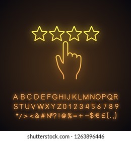 Customer feedback and rating neon light icon. Ranking. Client review. Rating scale click. Glowing sign with alphabet, numbers and symbols. Vector isolated illustration