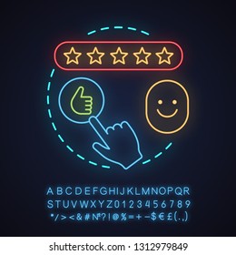 Customer feedback and rating neon light concept icon. Ranking idea. Client review. Thumbs up click. Glowing sign with alphabet, numbers and symbols. Vector isolated illustration